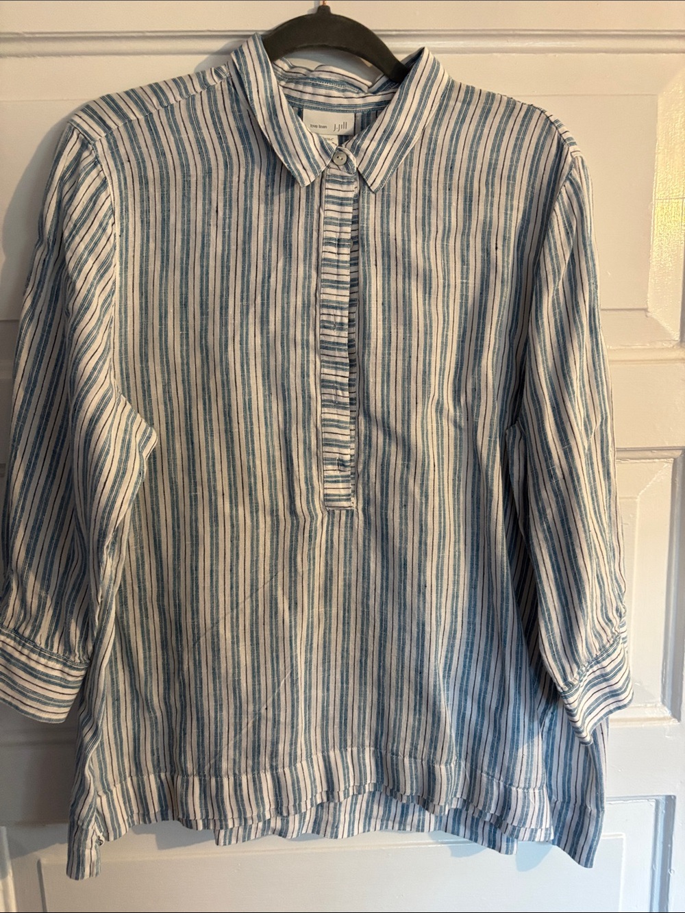 J. Jill Light Blue Striped Women's Button-Front Shirt L 3/4 sleeves